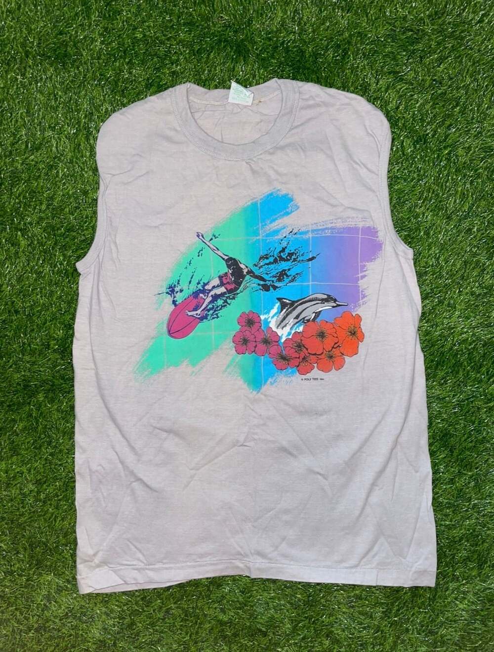 Vintage 1984 Poly Tees Hawaii Surfer & Dolphin Graphic Tank Top Size Large